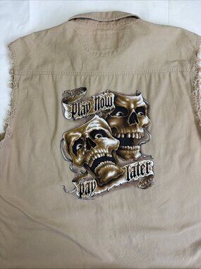 V TWIN MOTORCYCLE APPAREL Blowout Skull Denim Button Up Pocket Shirt Vest XL